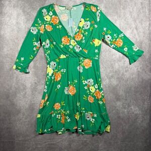 LOFT Outlet Faux Wrap Dress Womens 10P Green Floral Ruffle Hem 3/4 Sleeve Spring